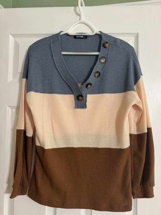 Tops - Button-Accent Colorblock Waffle Knit Top - Blue, Cream & Brown